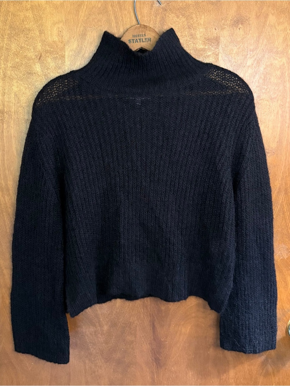 Bella Dahl Black Mohair Wool Mock Neck Cable Knit Sweater Bell Sleeve Old Money